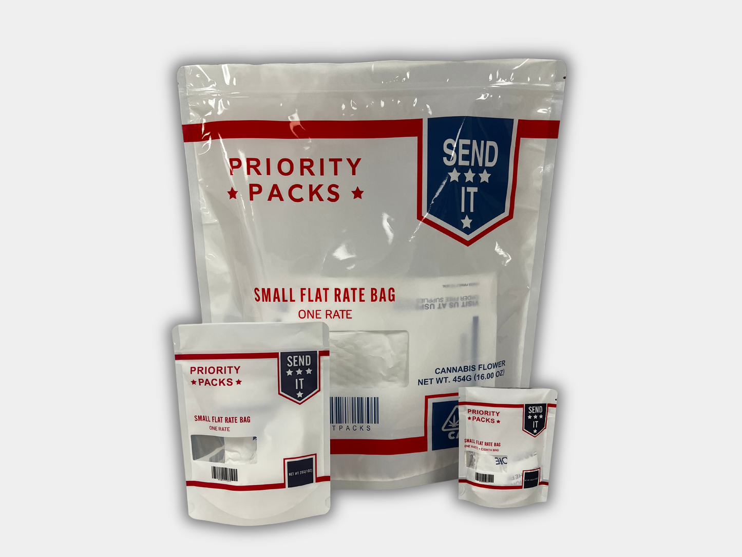 Priority Packs Small Flat Rate Mylar Combo Bag Set - 32 (3.5g), 16 (1oz), 1 (1lb) for $49.99