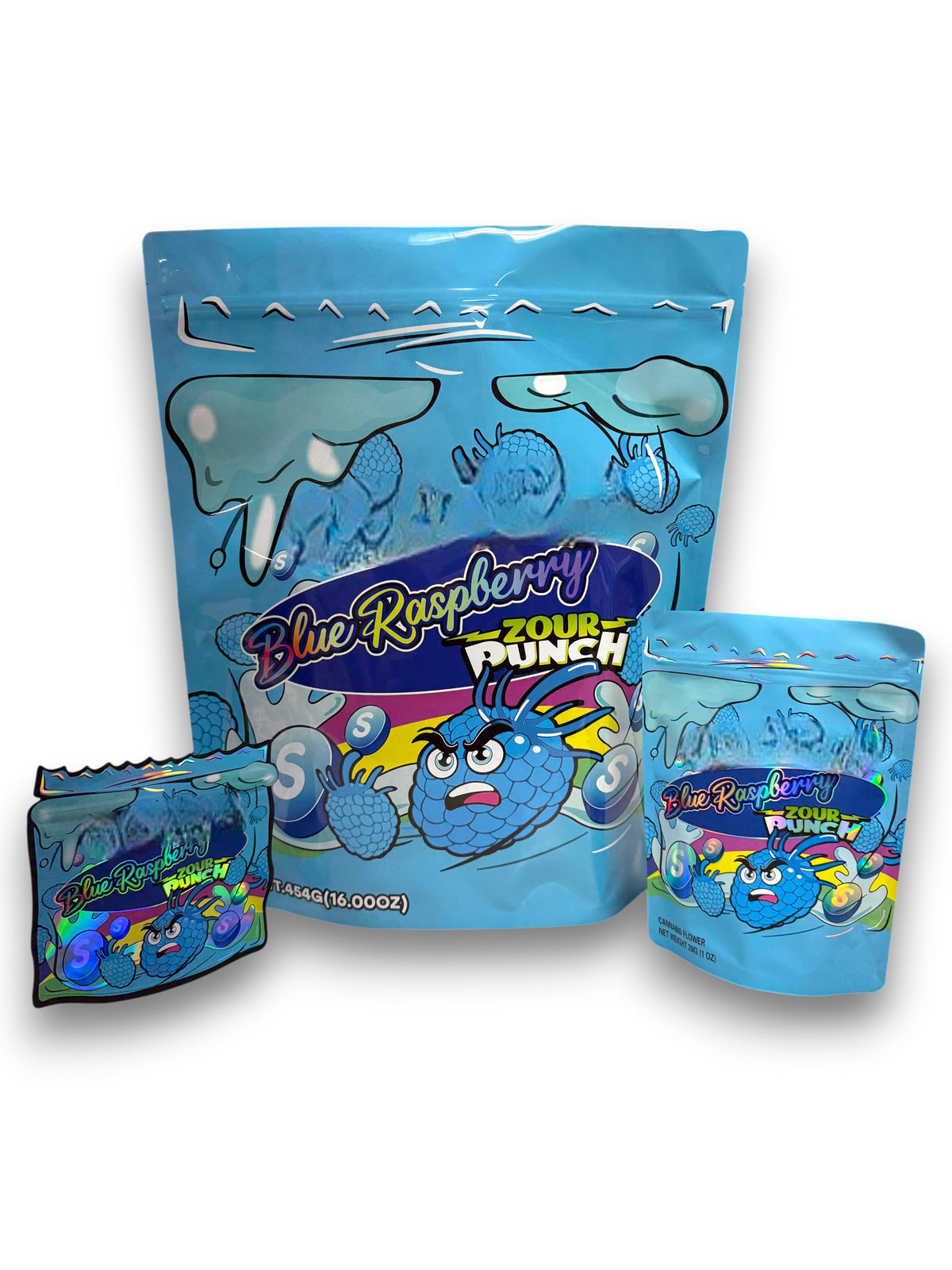 Blue Raspberry Zour Punch Combo Pack Mylar Bag Set – 32 (3.5g), 16 (1oz), 1 (1lb)
