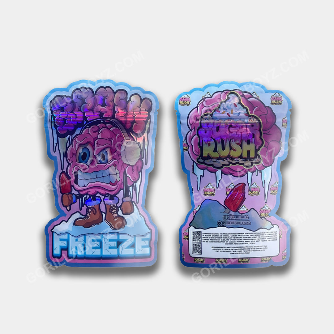 The smell-proof Brain Freeze Mylar bag designed for 3.5 grams. It ensures freshness and potency while featuring an urban-inspired design for secure storage.