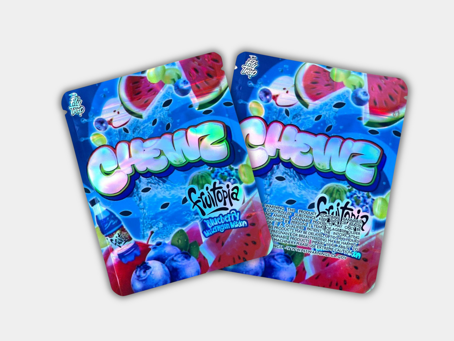 A funky Chewz Fruitopia Mylar bag designed for 3.5 grams. This smell-proof packaging preserves potency. Has a bold, fruit-inspired design for secure storage.