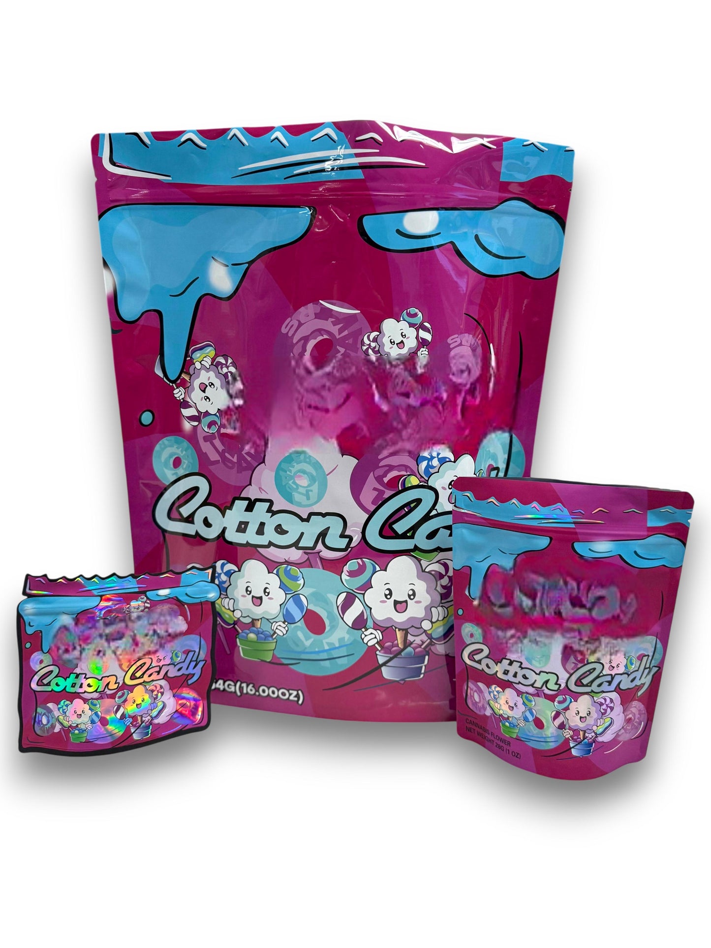 Cotton Candy Combo Pack Mylar Bag Set – 32 (3.5g), 16 (1oz), 1 (1lb)