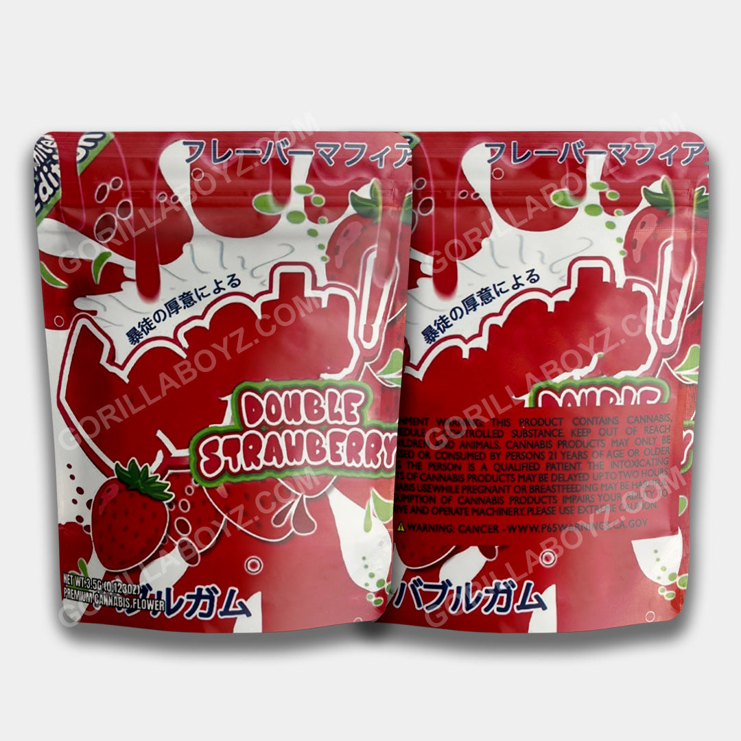 A Fanntta Double Strawberry Mylar bag for 3.5 grams. This smell-proof packaging preserves potency with a bold, strawberry-inspired design for secure storage.