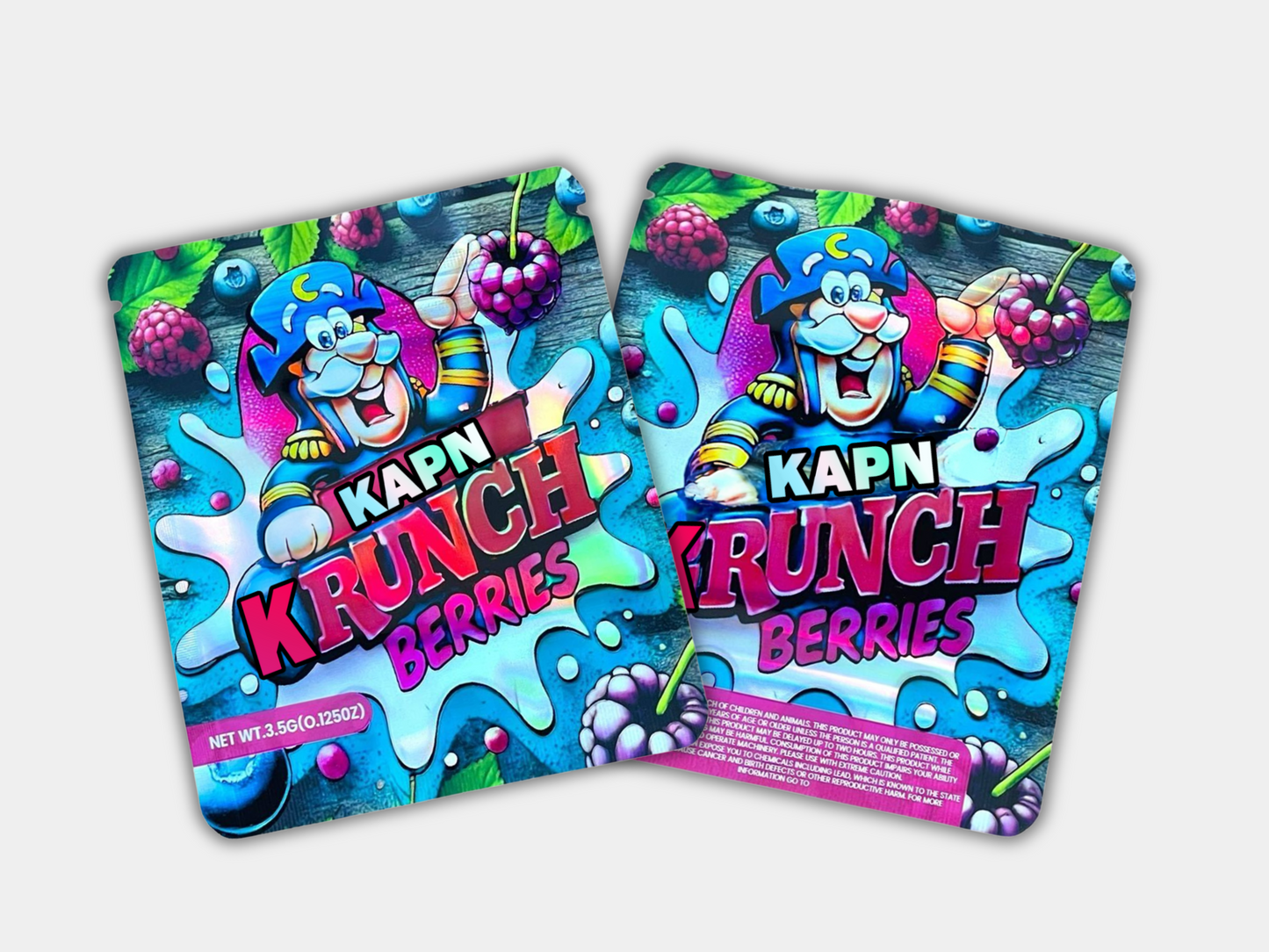 Kapn Krunch Berries Mylar bag for 3.5 grams, with a box. Front & Back. Smell-proof packaging. Preserves potency. A cereal-inspired design for secure storage.