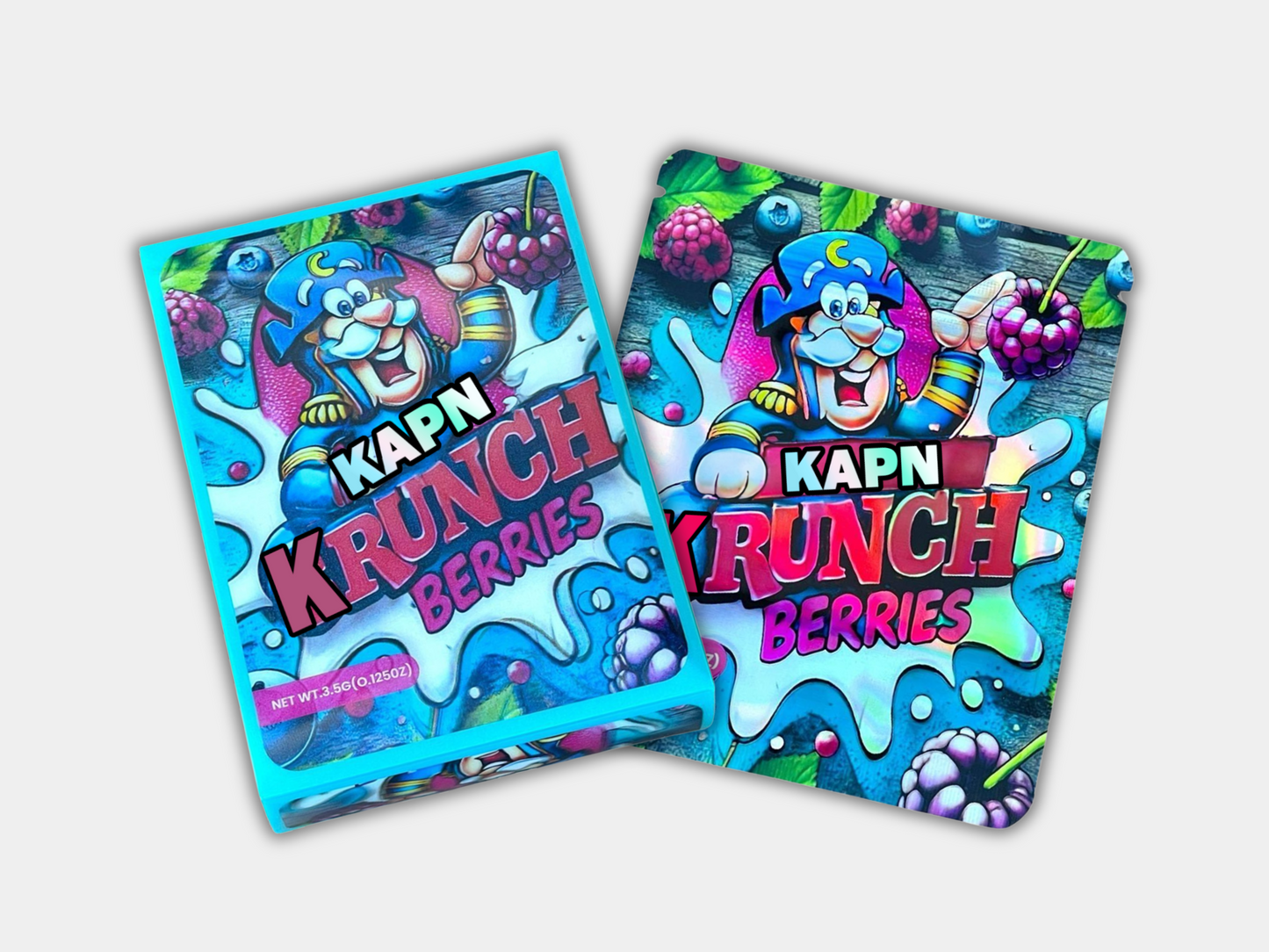 A Kapn Krunch Berries Mylar bag for 3.5 grams, with a box. This smell-proof packaging preserves potency. Features a cereal-inspired design for secure storage.