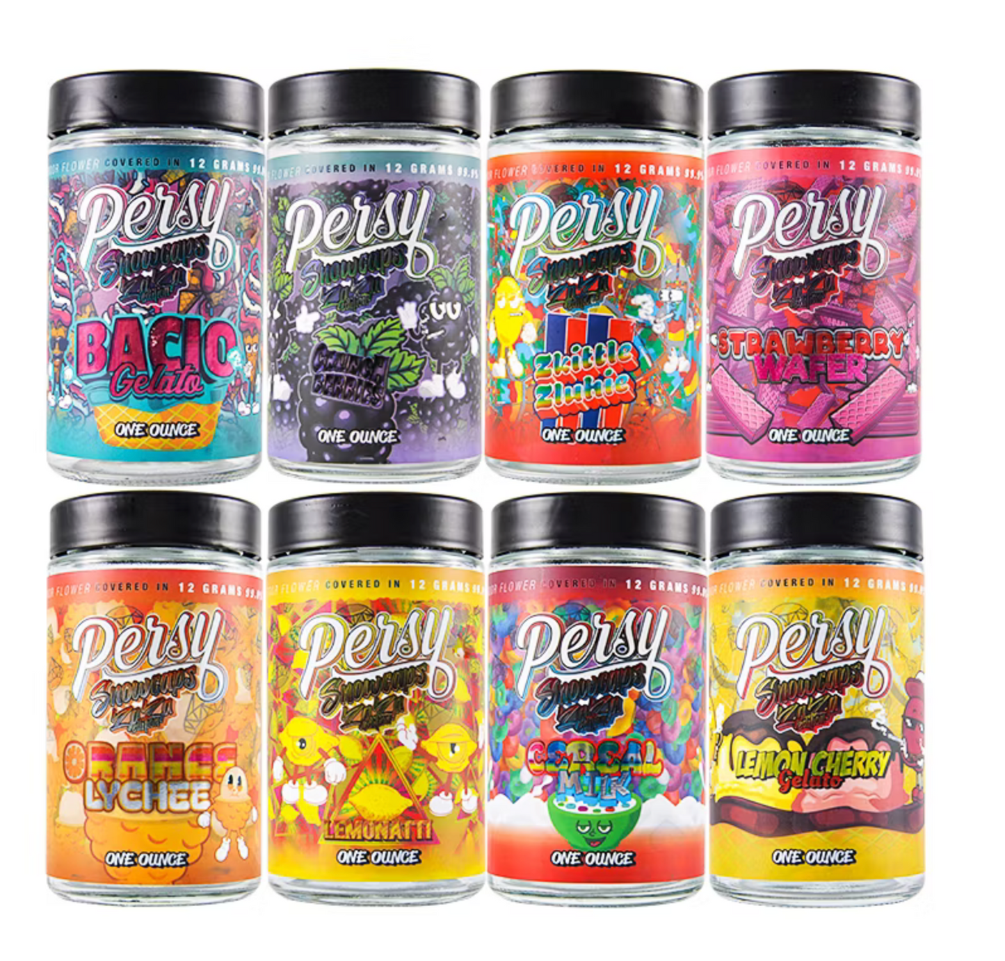 Persy Snowcaps Zaza Edition Empty Glass Jars 1 Oz 16 Mixed Flavors Net Wt. 1LB