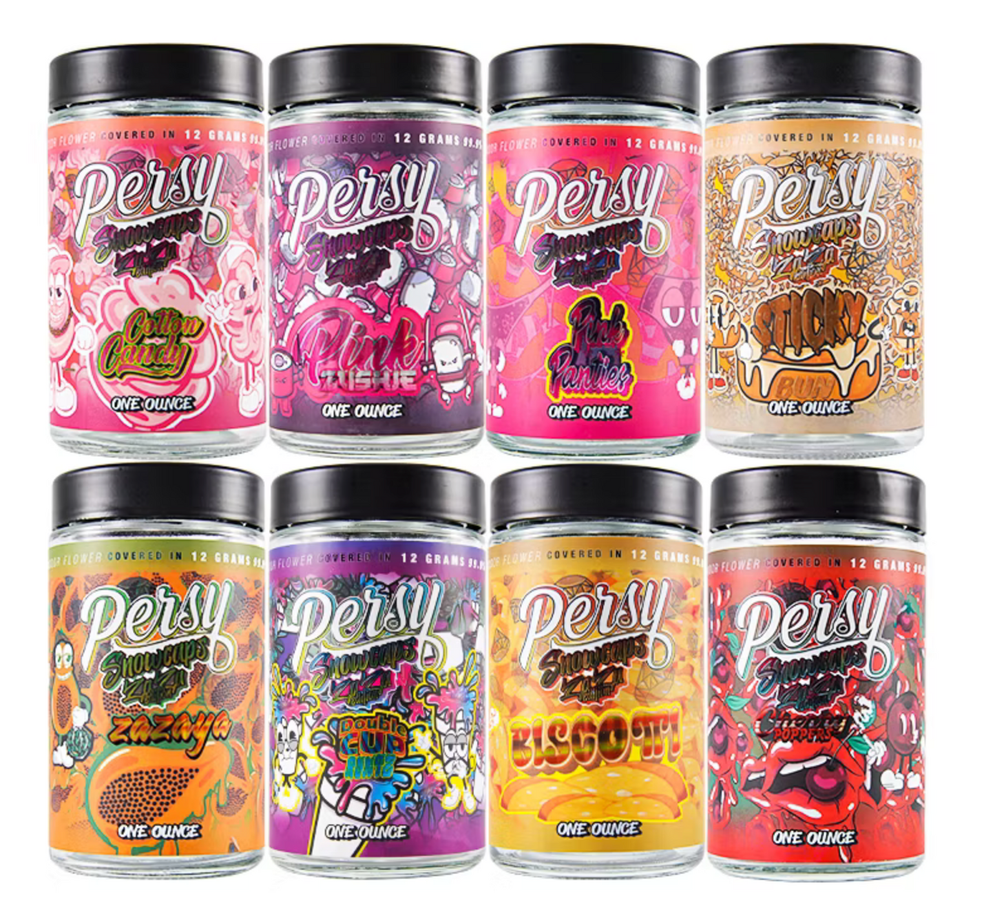 Persy Snowcaps Zaza Edition Empty Glass Jars 1 Oz 16 Mixed Flavors Net Wt. 1LB
