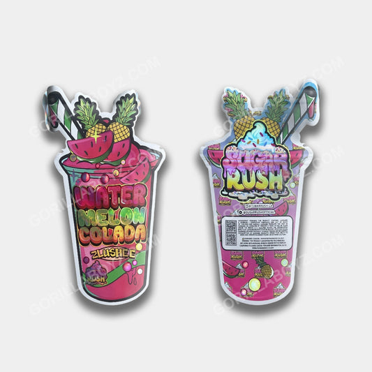 Premium Watermelon Colada Mylar bag for 3.5 grams. This smell-proof packaging preserves potency while featuring a tropical-inspired design for secure storage.