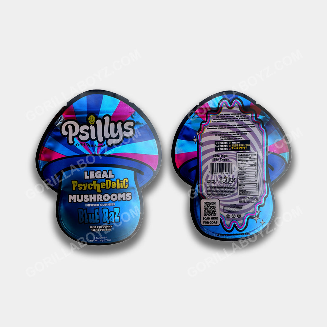 Psillys Blue Raz 150 mg edibles mylar bags