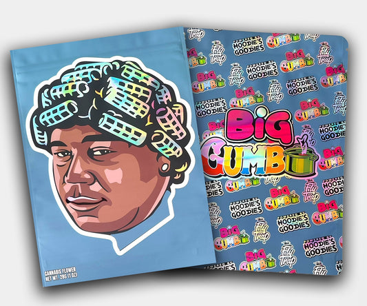 Front and back of Big Worm Gumbo mylar bag (1oz) featuring a cartoon face with rollers, and a full logo print on the back with Big Gumbo, Fly Trap, and Hoodie’s Goodies branding.