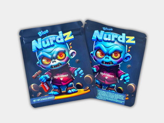 Blue Nurdz Mylar bag designed for 3.5 grams, with a box. Front & Back. This smell-proof packaging locks in potency. Features a fun design for secure storage.