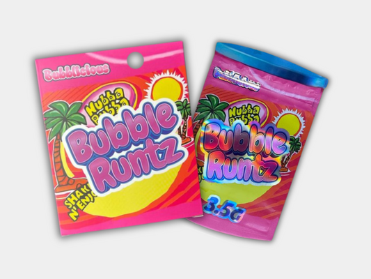 A Bubble Runtz Mylar bag designed for 3.5 grams, with a box. This smell-proof packaging preserves potency. Has a bubblegum-inspired design for secure storage.