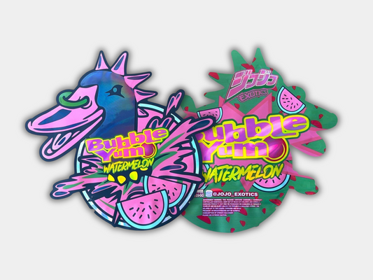 A Bubble Yum Watermelon Mylar bag for 3.5 grams. This smell-proof packaging preserves potency while featuring a watermelon-inspired design for secure storage.