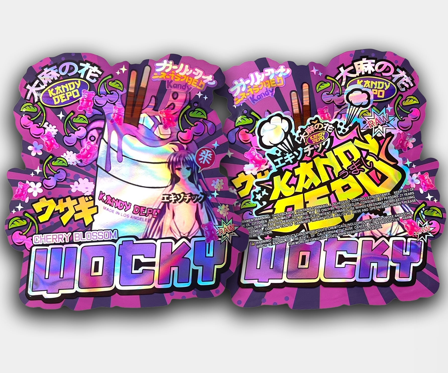 Cherry Blossom Wocky mylar bag (front and back) featuring anime-style artwork, cherry blossoms, pink gummy bears, an iced drink graphic, and bold Japanese text elements.