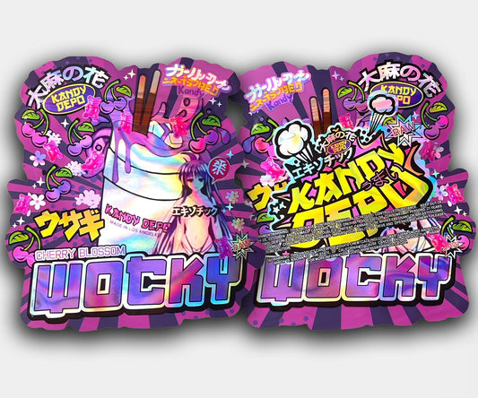 Cherry Blossom Wocky mylar bag (front and back) featuring anime-style artwork, cherry blossoms, pink gummy bears, an iced drink graphic, and bold Japanese text elements.