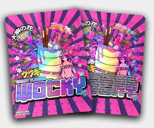 Front and back of Cherry Blossom Wocky mylar bag in a 1oz size, featuring anime girl artwork, holographic candy milkshake, cherry blossoms, and “Wocky” branding in colorful text.