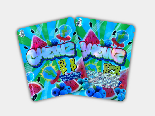 A vibrant Chewz Ring Pop Mylar bag for 3.5 grams. This smell-proof packaging locks in freshness while featuring a candy-inspired design for secure storage.