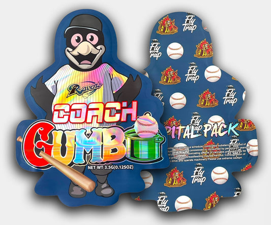 Coach Gumbo Ravens mylar bag with a holographic baseball mascot wearing a striped jersey, rainbow-colored text, and baseball-themed Fly Trap Capital Pack graphics on the back.