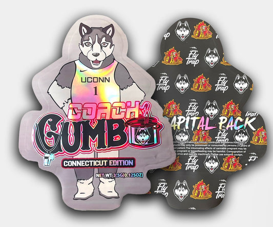 Empty Coach Gumbo UConn mylar bag with a holographic husky mascot in a basketball jersey on the front, and Fly Trap Capital Pack branding on the back, labeled as a 3.5G cannabis-style bag.