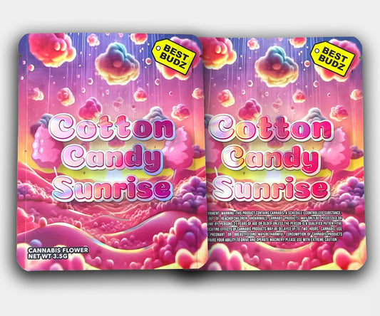 Front and back of Cotton Candy Sunrise mylar bag with pastel pink, purple, and yellow clouds, dreamy sunrise theme, and bubble-style “Cotton Candy Sunrise” text, labeled 3.5G.