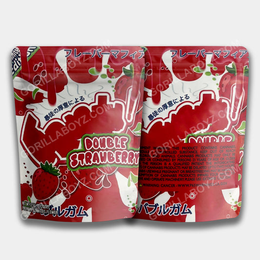 A Fanntta Double Strawberry Mylar bag for 3.5 grams. This smell-proof packaging preserves potency with a bold, strawberry-inspired design for secure storage.
