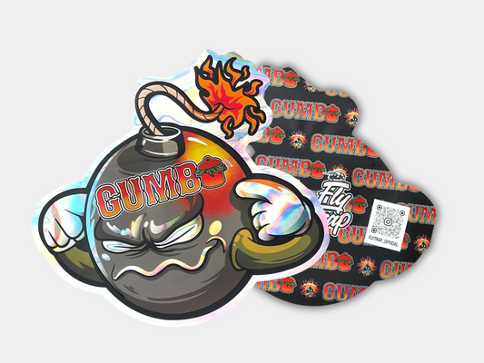 Gumbo Bomb Mylar bag designed for 3.5 grams. This smell-proof packaging preserves freshness & potency while featuring a bomb-themed design for secure storage.