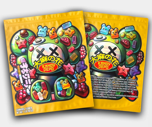 Front and back of Gummy Bearz 1lb mylar bag with yellow background, X-eyed bear mascot, colorful pills, gummies, and stars in a bold, cartoon-style design from Kandy Depo.
