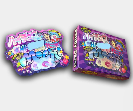 Empty Hi-Mochi cannabis-style mylar bag and box featuring bold purple design, anime-inspired characters, mochi candy visuals, and Lemon Cherry flavor theme.
