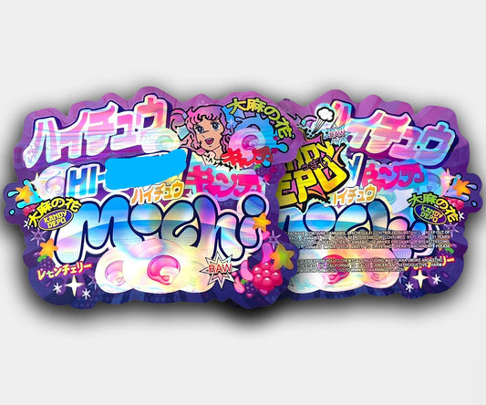 Front and back of Hye_Cheww Mochi mylar bag with anime-style artwork, mochi candy visuals, Lemon Cherry flavor text, and vibrant purple and pink theme.