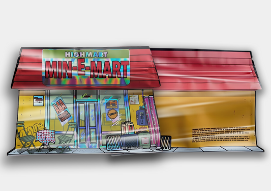 A uniquely designed Highmart Min-e-Mart Mylar bag for 3.5 grams. This smell-proof bag ensures freshness and potency while offering a durable storage solution.