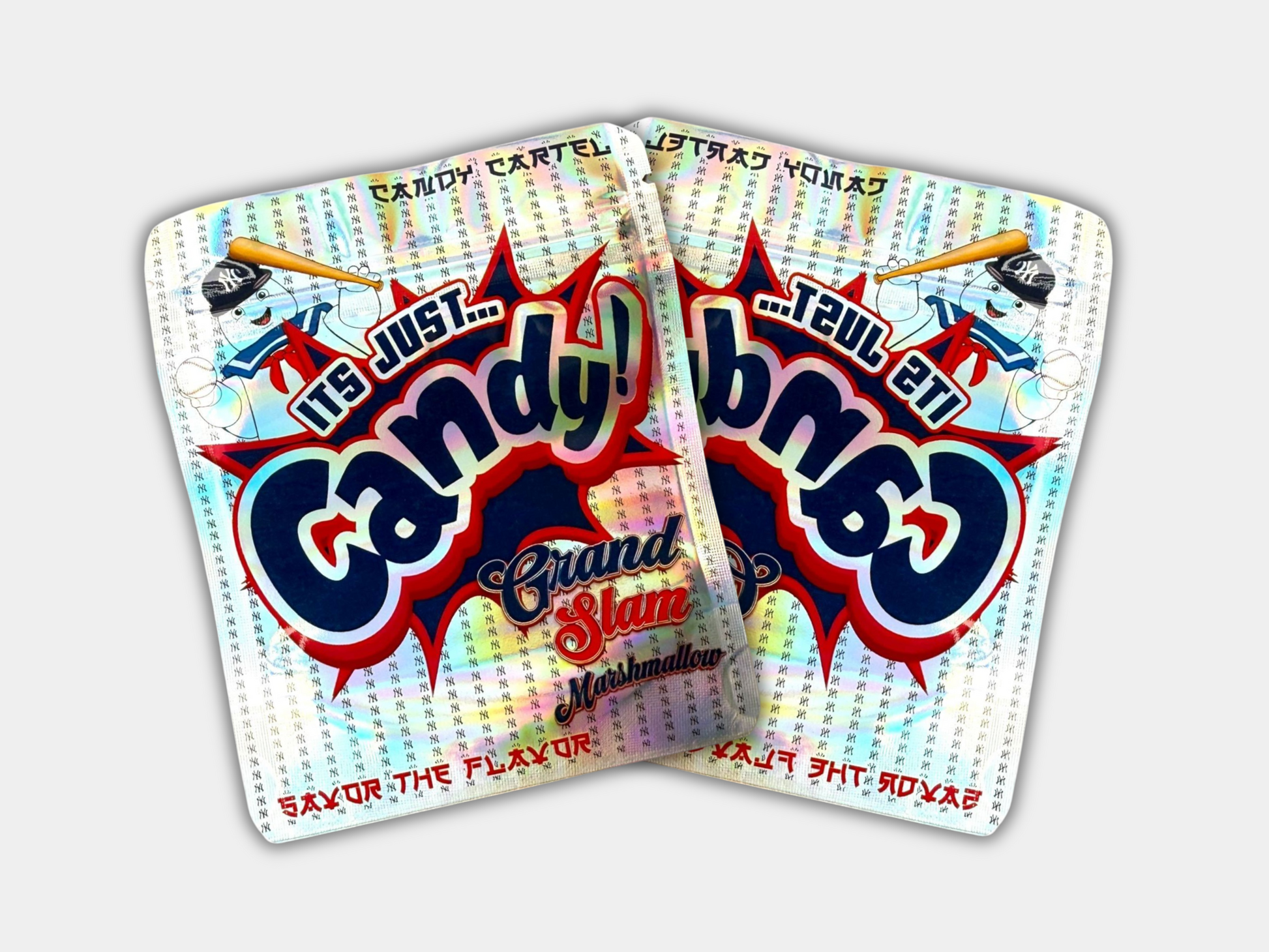 It’s Just Candy Gram Slam Mylar bag designed for 3.5 g. This smell-proof packaging preserves freshness while featuring a playful design for secure storage.