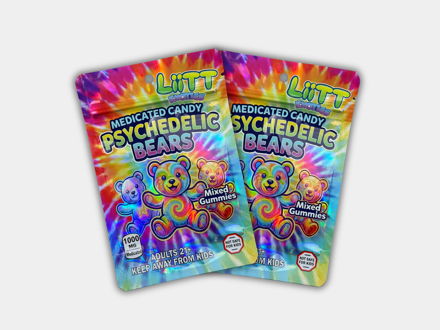 Liit Exotics Psychedelic Bears Mixed Gummies EMPTY Mylar Bag 1000 MG
