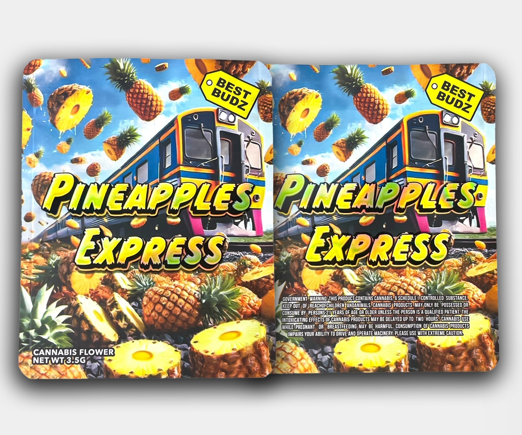 Front and back of Pineapple Express mylar bag showing a colorful train charging through a landscape of pineapples and tropical fruit, with bold yellow lettering and Best Budz branding.