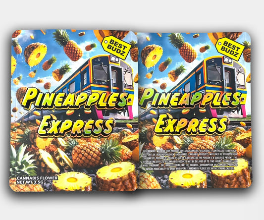 Front and back of Pineapple Express mylar bag showing a colorful train charging through a landscape of pineapples and tropical fruit, with bold yellow lettering and Best Budz branding.