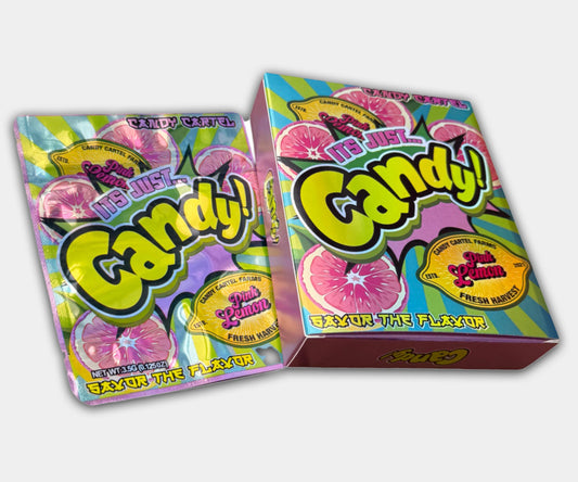 Pink Lemon Holographic Mylar bag designed for 3.5g, with a box. This smell-proof packaging preserves potency. Features holographic design for secure storage.