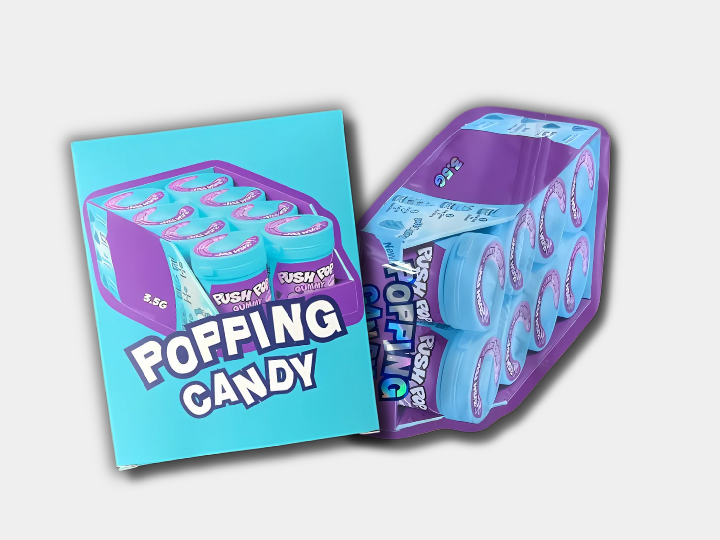 Popping Candy Mylar bag designed for 3.5 grams, with a box. This smell-proof packaging preserves potency. Features a candy-inspired design for secure storage.
