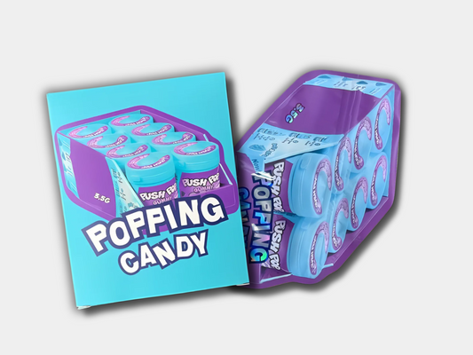 Popping Candy Mylar bag designed for 3.5 grams, with a box. This smell-proof packaging preserves potency. Features a candy-inspired design for secure storage.