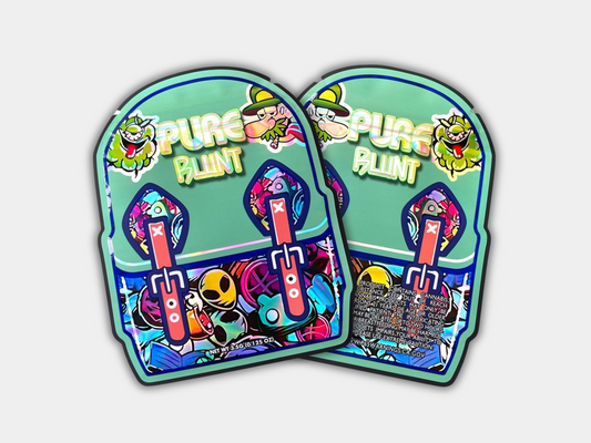 Pure Blunt Mylar bag designed for 3.5 g. This smell-proof packaging ensures long-lasting freshness & potency. Features a cartoon design for secure storage.