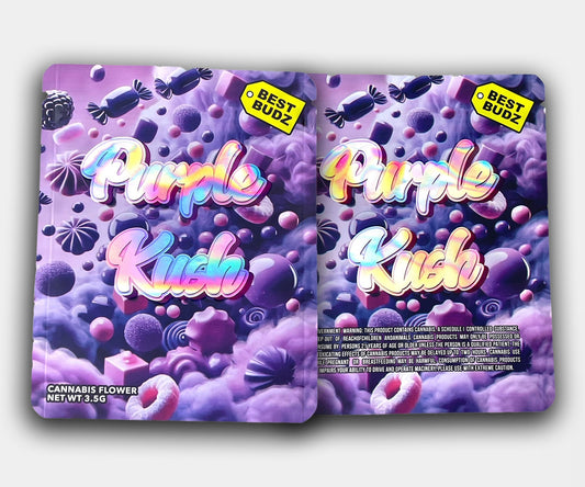 Front and back of Purple Kush mylar bag featuring a dreamy purple candy landscape, glossy holographic lettering, and “Best Budz” branding, labeled 3.5G cannabis flower but sold as empty packaging.