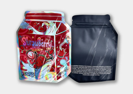 A charming Strawberry Milk-themed Mylar bag designed for 3.5 grams content. Smell-proof and resealable, this bag keeps contents fresh, aromatic, and secure.
