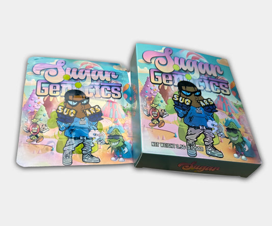 Sugars Holographic Mylar bag designed for 3.5 g, with a box. This smell-proof packaging preserves potency. Features a holographic design for secure storage.