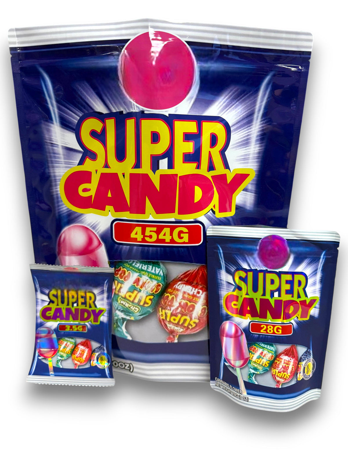Super Candy Combo Pack Mylar Bag Set – 32 (3.5g), 16 (1oz), 1 (1lb)