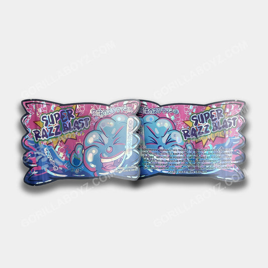 A high-quality Super Razz Blast Mylar bag designed for 3.5 grams. Smell-proof packaging locks in freshness while featuring a bold design for secure storage.
