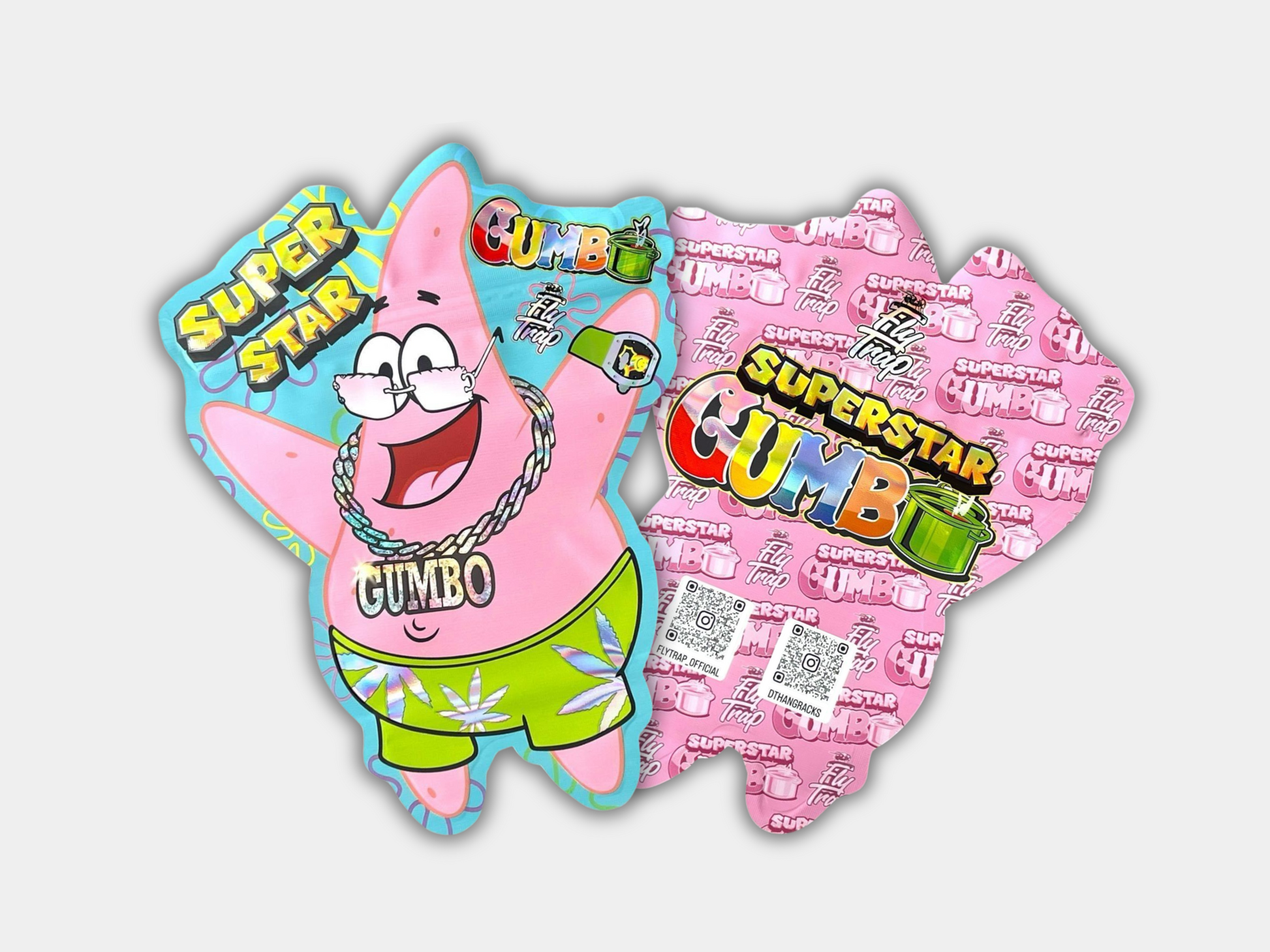 Superstar Gumbo Mylar bag designed for 3.5 grams. This smell-proof packaging locks in freshness & potency while featuring a cartoon design for secure storage.
