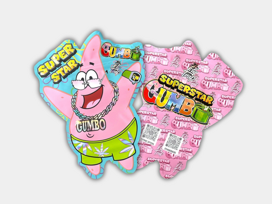 Superstar Gumbo Mylar bag designed for 3.5 grams. This smell-proof packaging locks in freshness & potency while featuring a cartoon design for secure storage.