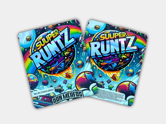 A Suuper Runtz Mylar bag designed for 3.5 grams, with a box. Front & Back. This smell-proof packaging preserves potency. Featuring a candy-inspired design for secure storage.