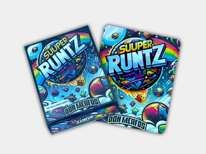 A Suuper Runtz Mylar bag designed for 3.5 grams, with a box. This smell-proof packaging preserves potency. Featuring a candy-inspired design for secure storage.