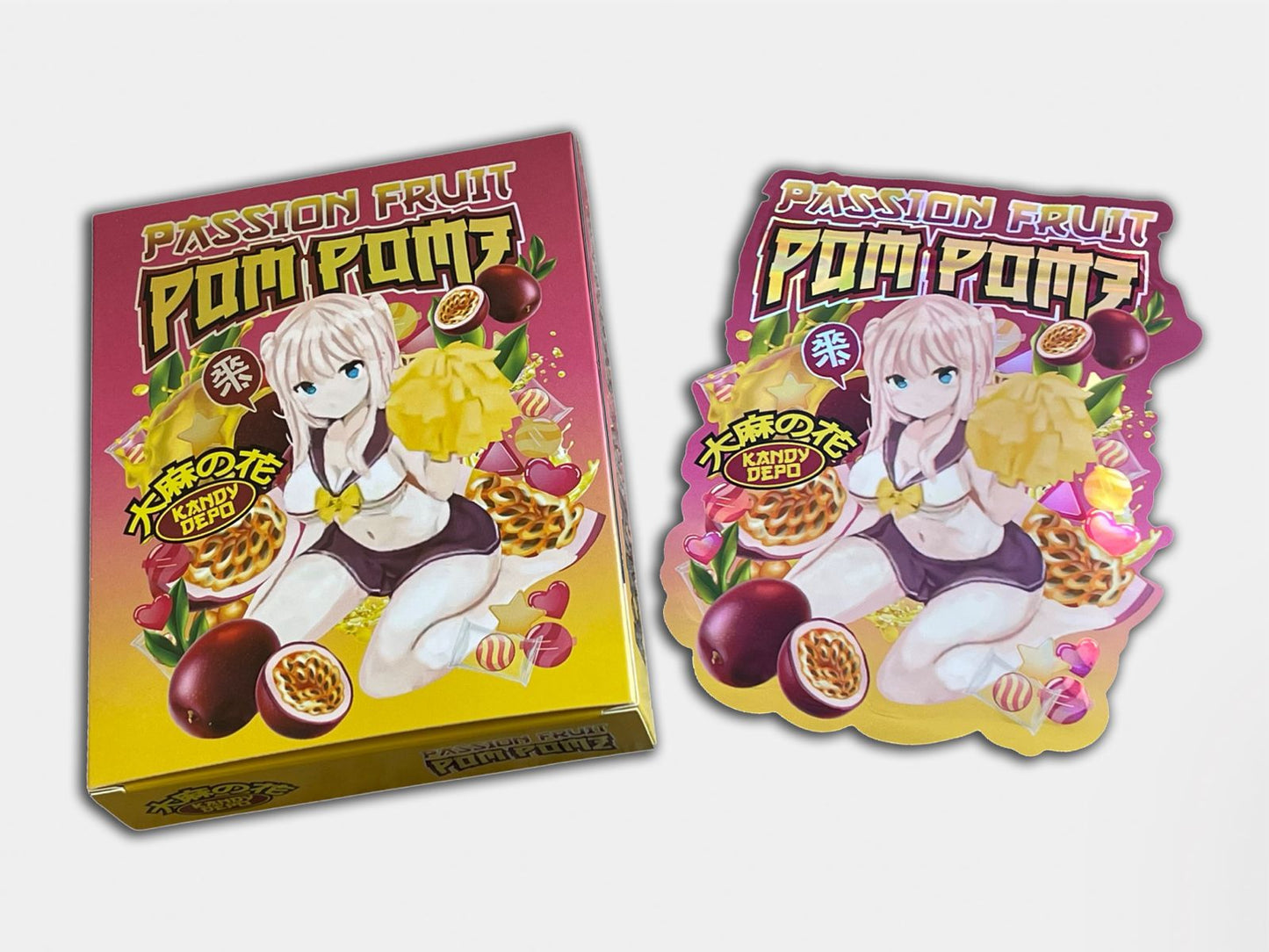Passion Fruit Pom Pomz 3.5G Flower in Holographic Mylar Bag + Box